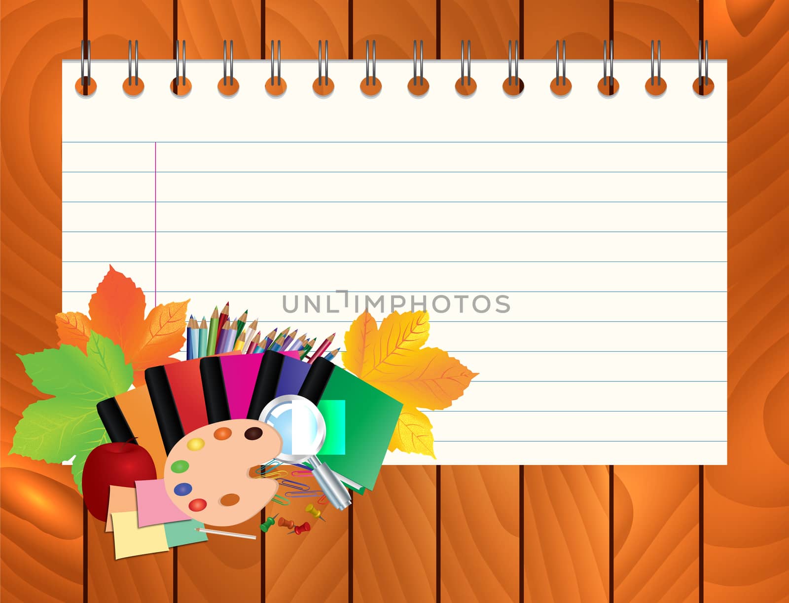 Image of empty note, card, paper, with school supplies, equipment, accessories, items, tools. Cartoon illustration on wooden background.