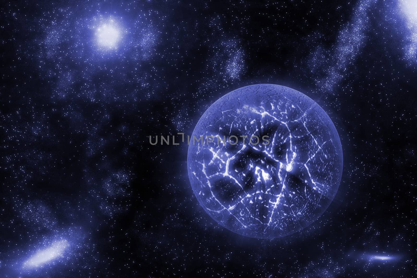 Image of crashing, exploding planet  in deep space, universe with star field background. Computer generated abstract background.
