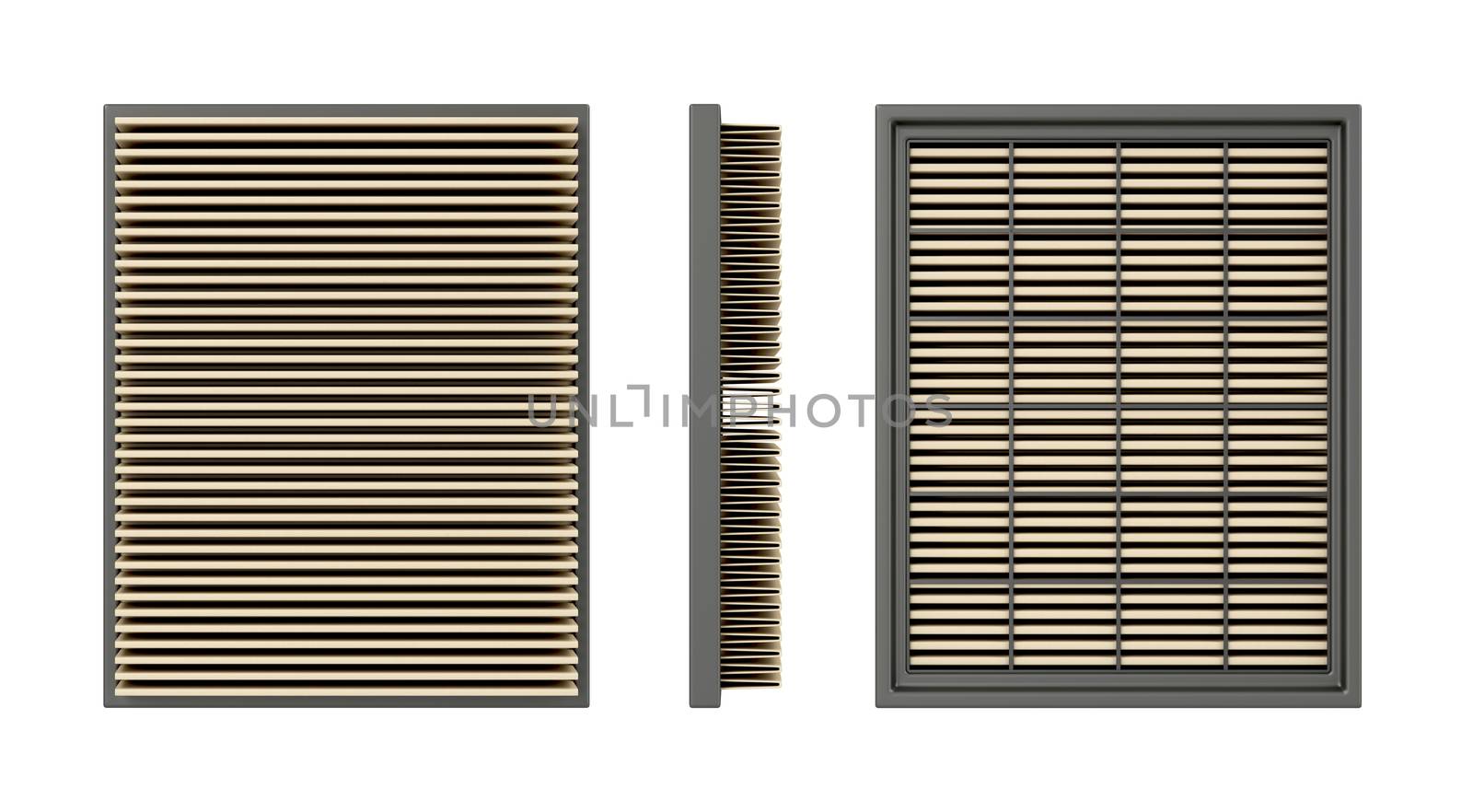 Front, side and back view of a car air filter, isolated on white background