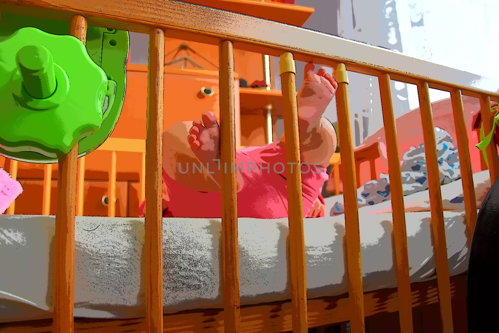 Baby, infant feet sticking out through the rails of a crib, cot, beautiful background for card,  banner, wallpaper design 
