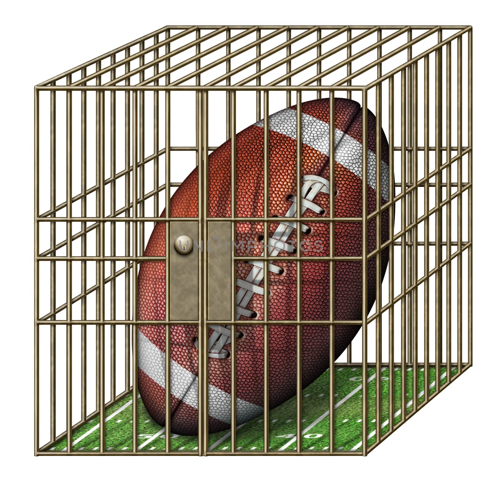 Digital illustration of a football in a jail cell.