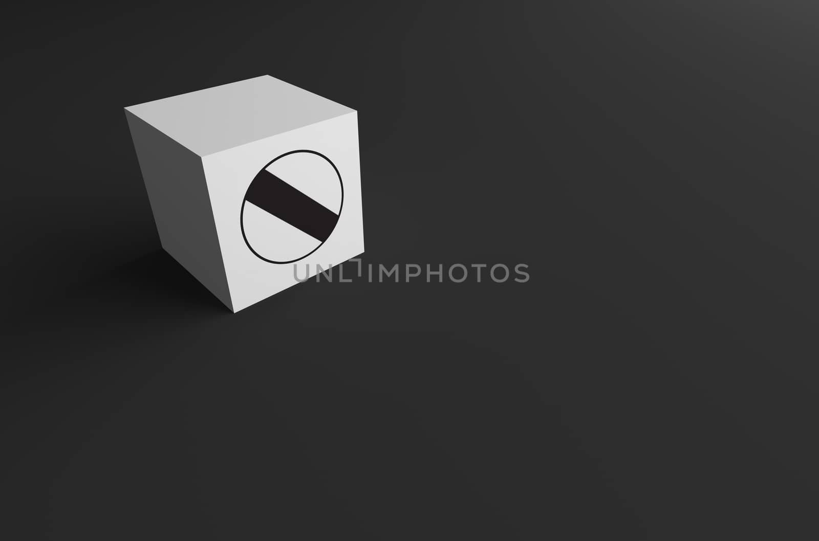 3D RENDERING OF ROAD SIGN ON WHITE CUBE WITH BLACK BACKGROUND