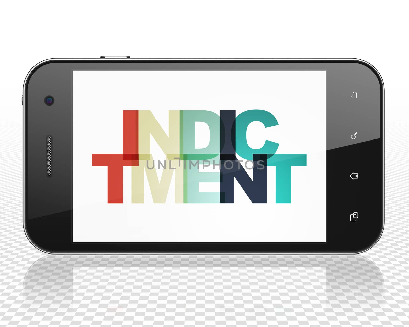 Law concept: Smartphone with Painted multicolor text Indictment on display, 3D rendering