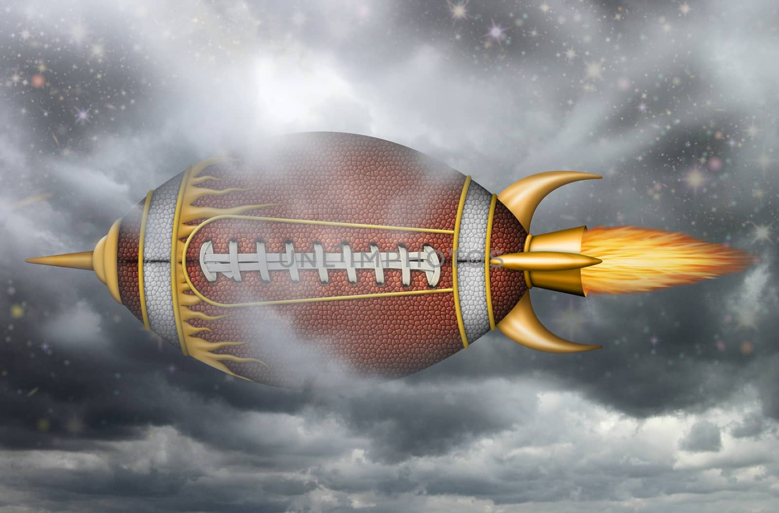 Illustration of a football as a spaceship.          
