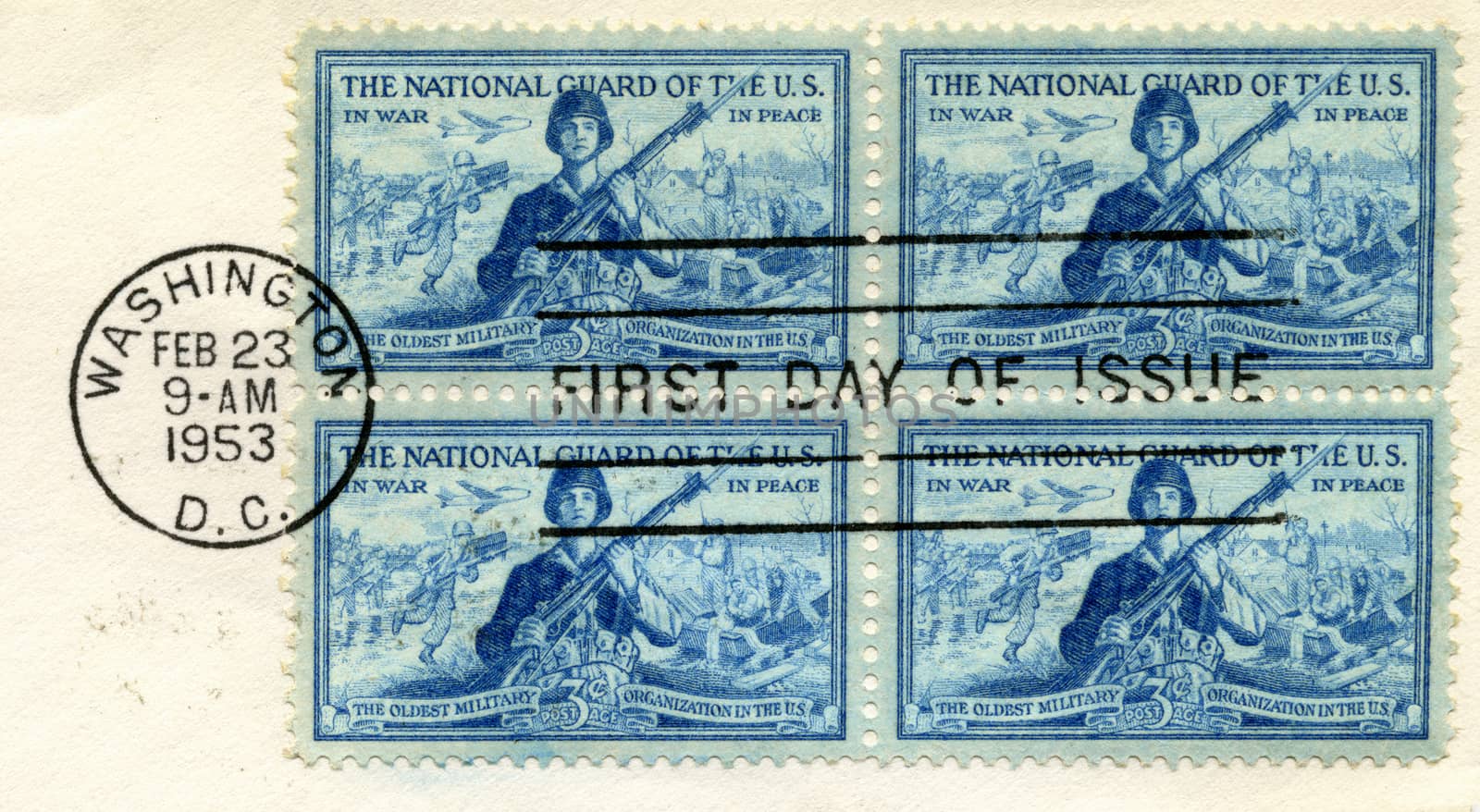 U.S. Postage Stamps commemorating the U.S. National Guard. Stamps are pre-1978 and are cancelled (from my personal stamp collection.)