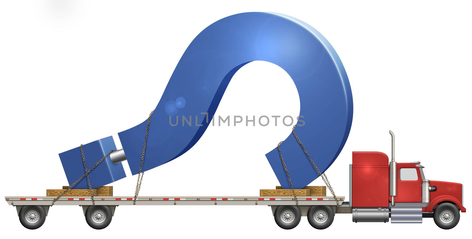 Illustration of a flatbed truck carrying a question mark.   