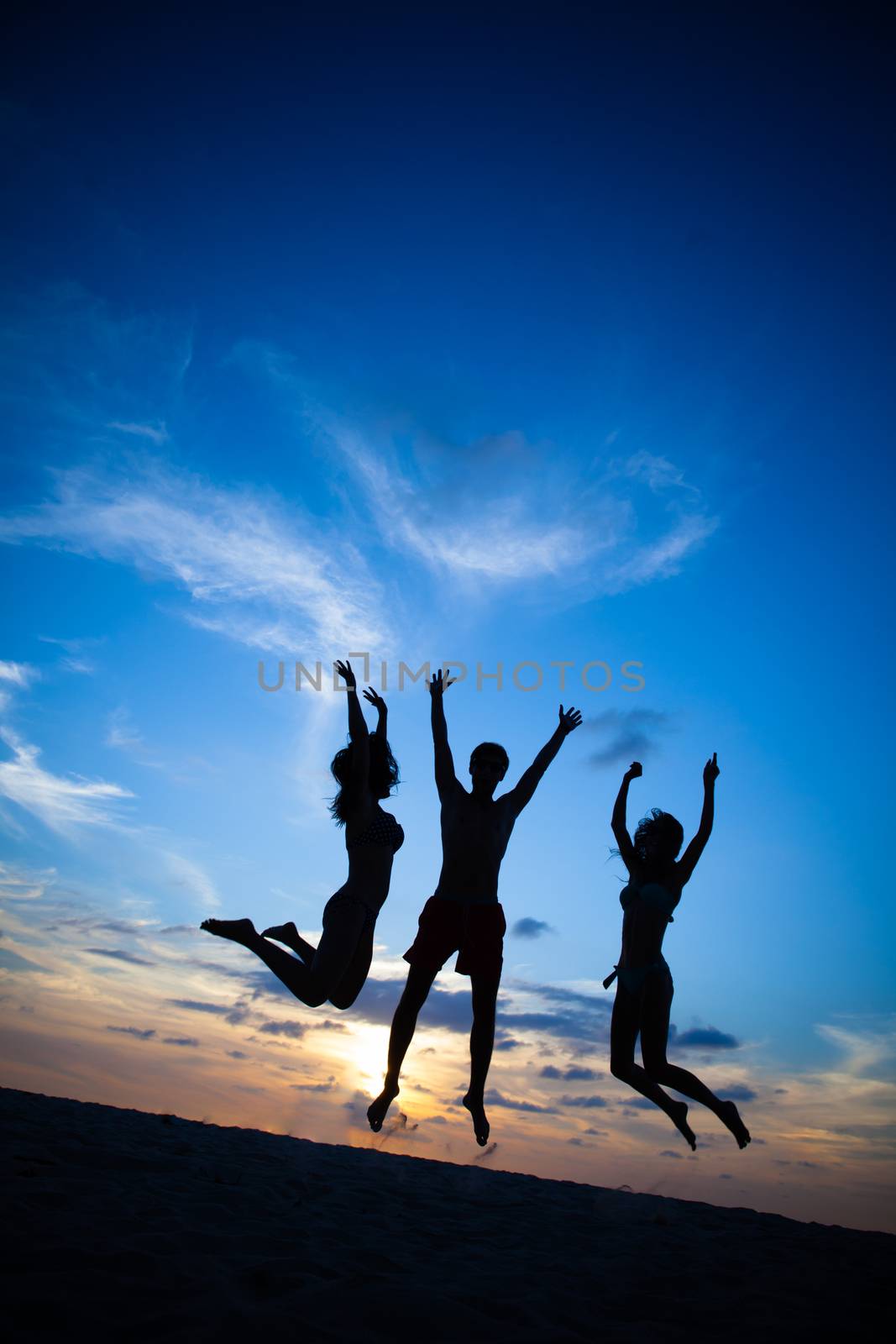 Happy female friends having fun on beach at sunset