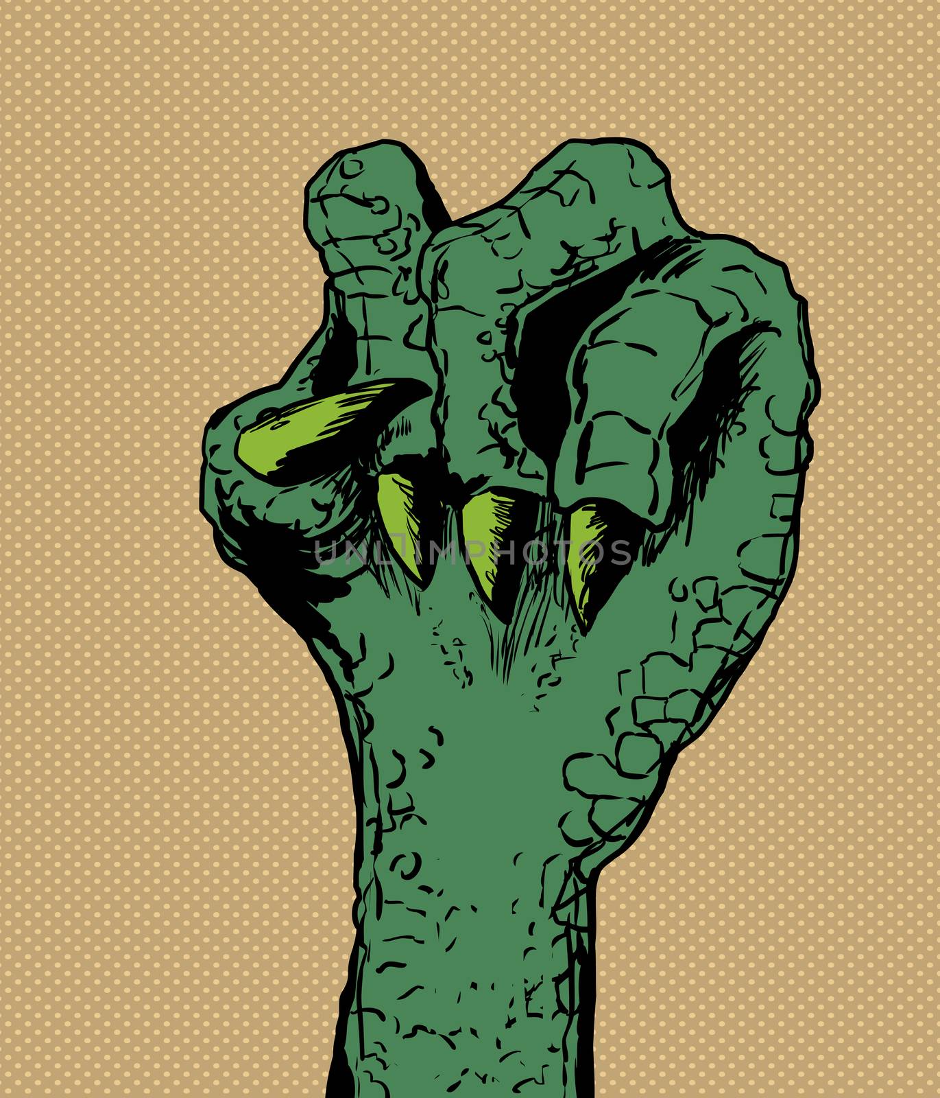 Close up on clenched green lizard hand over brown halftone background