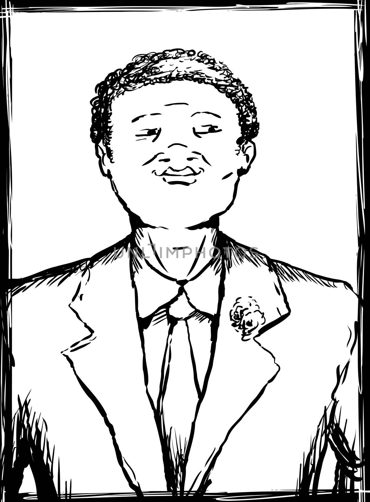 Outline illustration portrait of smiling young African American man in business suit and necktie