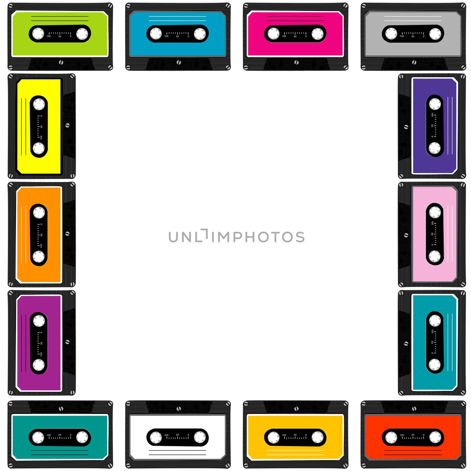 Colorful frame with audio tape cassettes