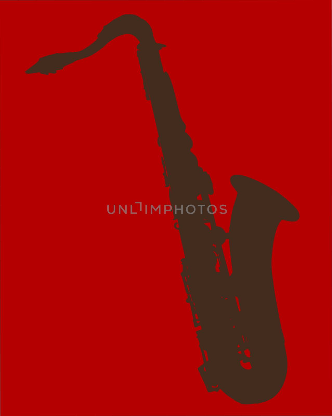 A saxophone silhouette on a red background