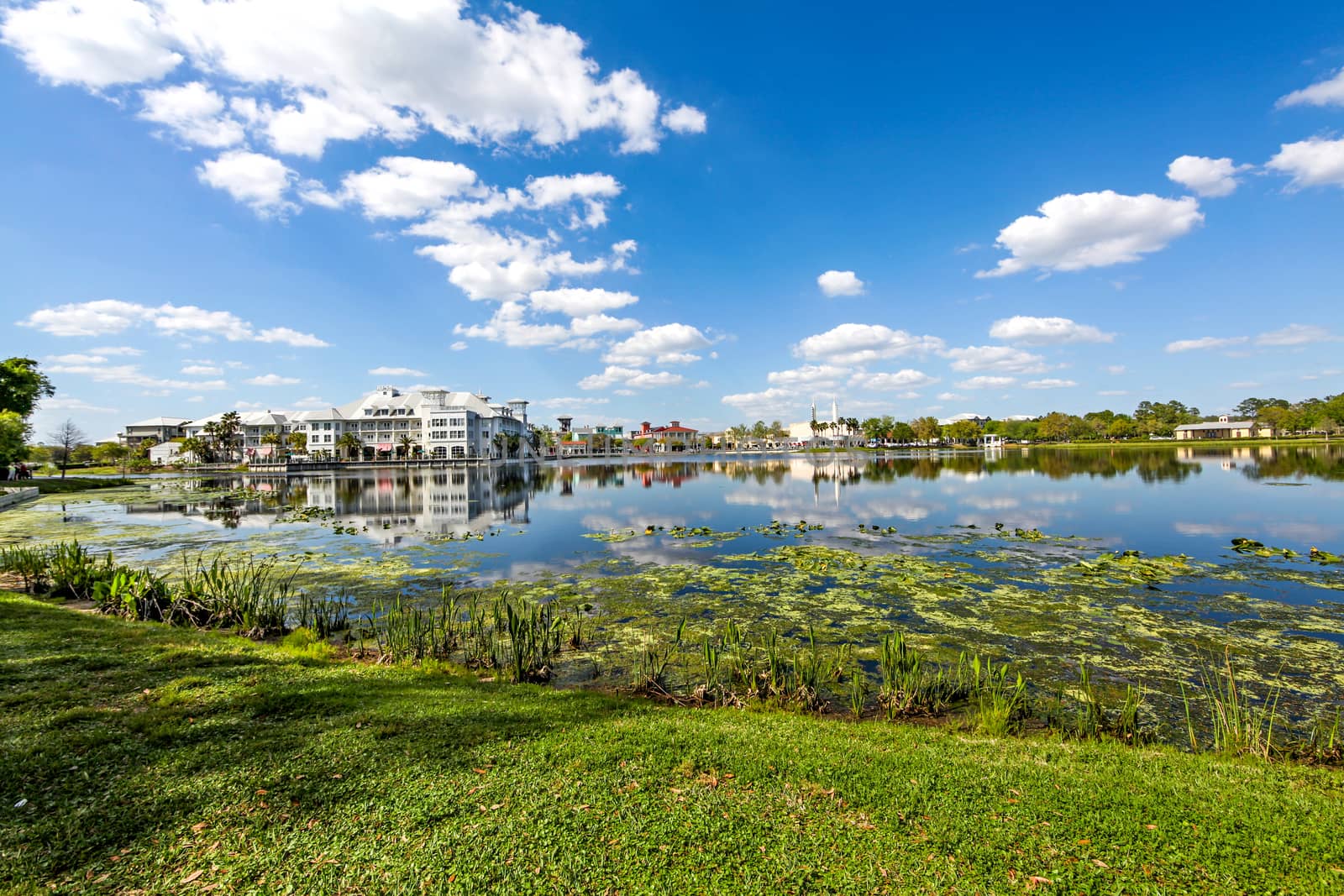 A town with reflections in a lake