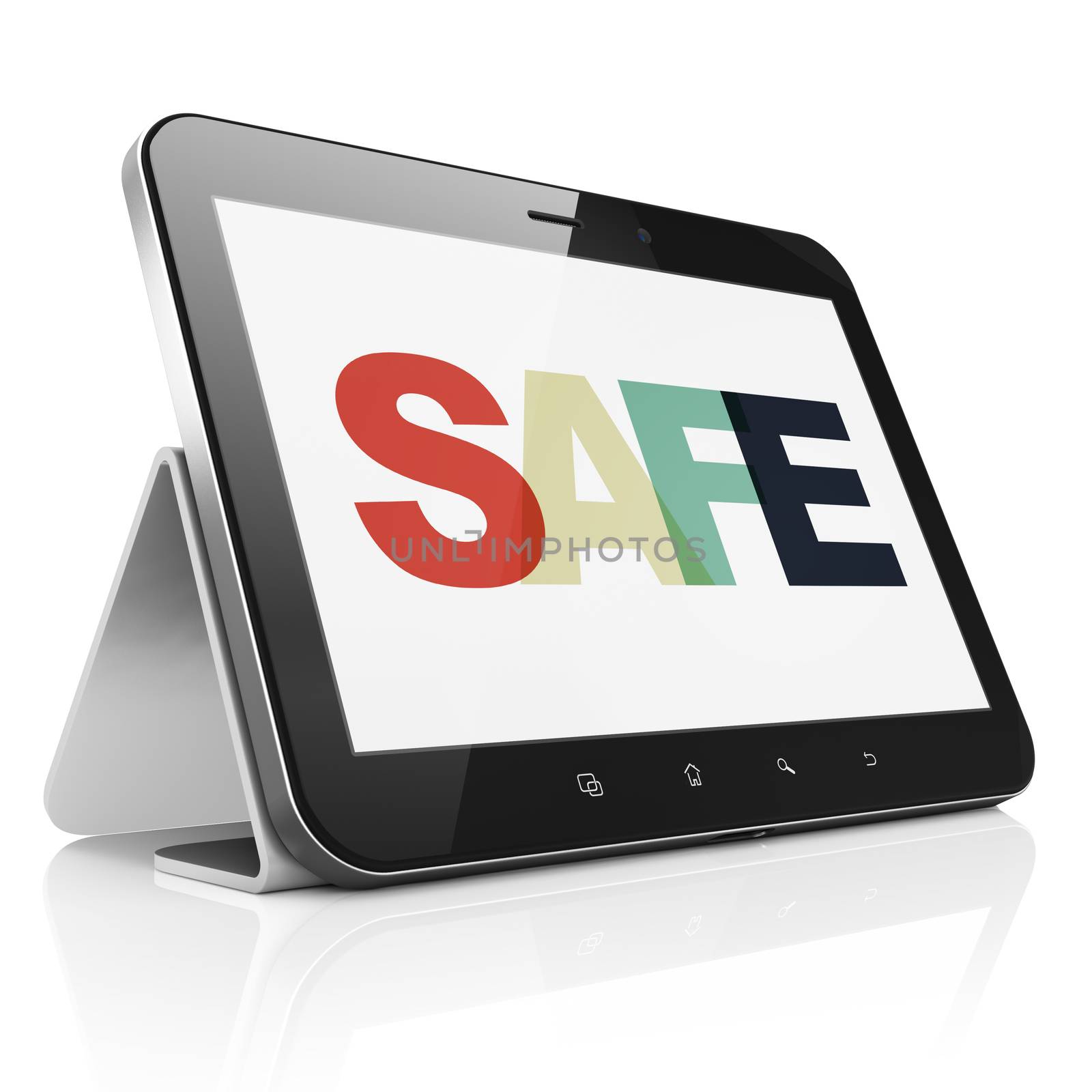 Protection concept: Tablet Computer with Painted multicolor text Safe on display, 3D rendering