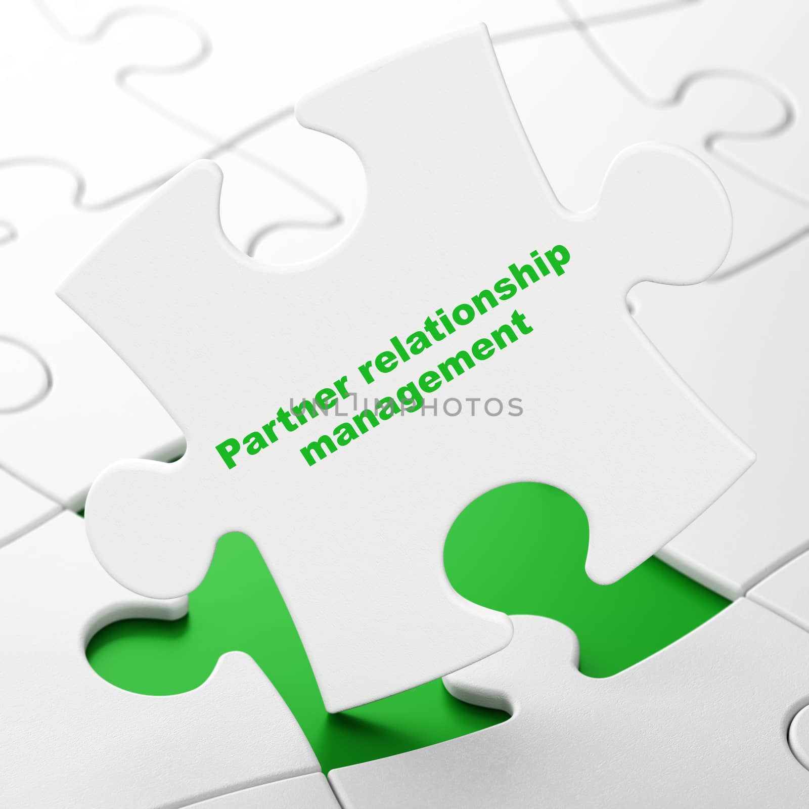 Business concept: Partner Relationship Management on White puzzle pieces background, 3D rendering