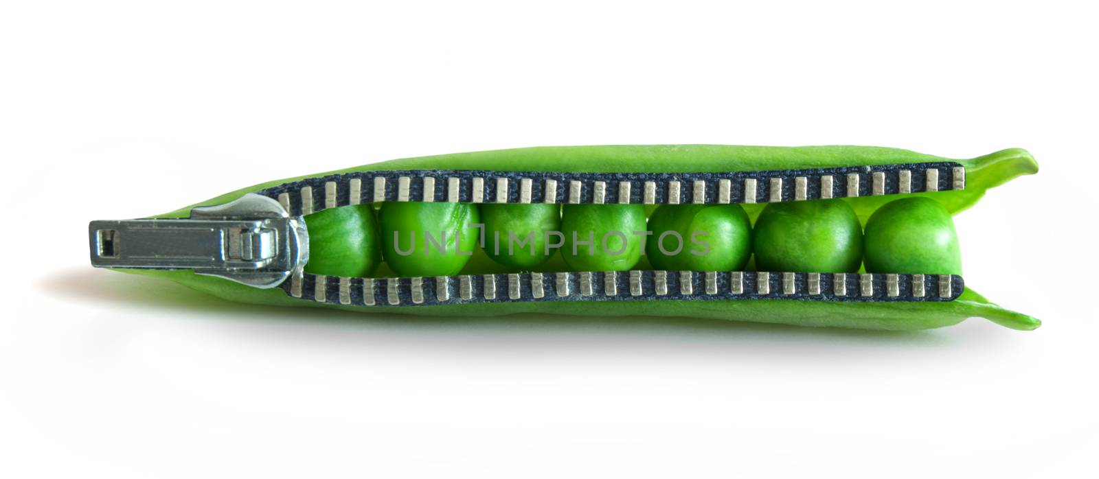 Snap peas pod with zipper over a white background
