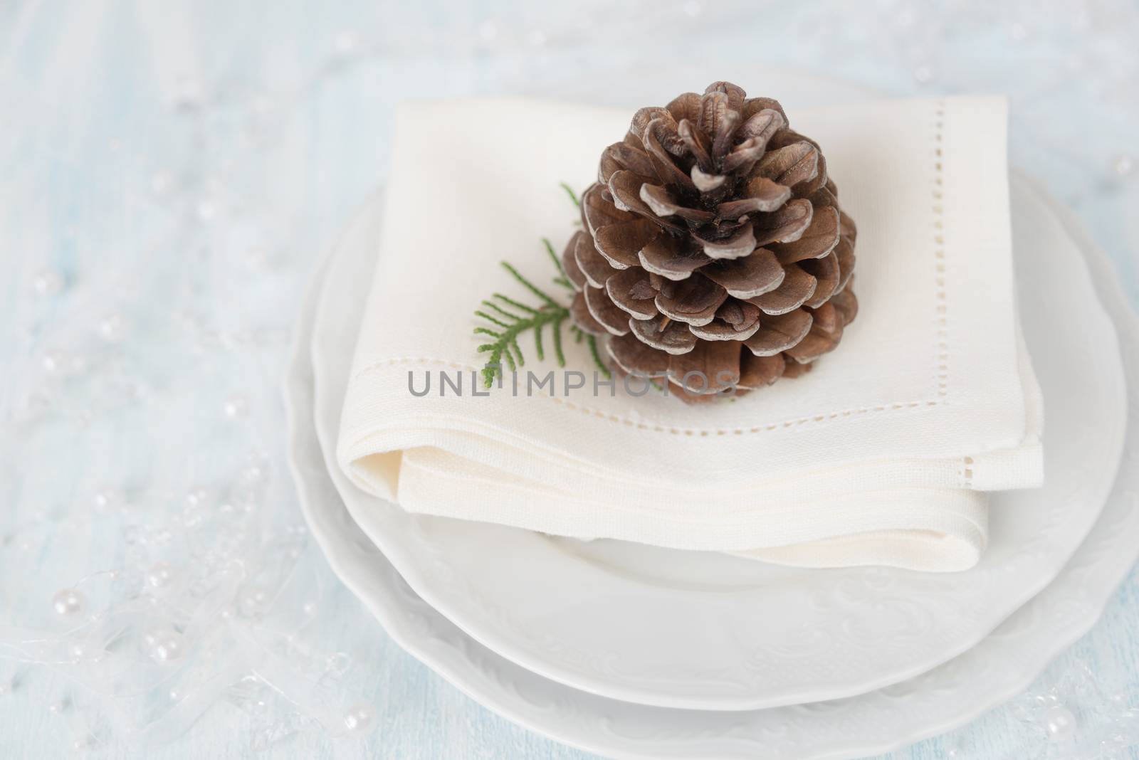 Beautiful Christmas table: pine cone lies on beautiful white porcelain plate with a linen napkin, which is located on a light table