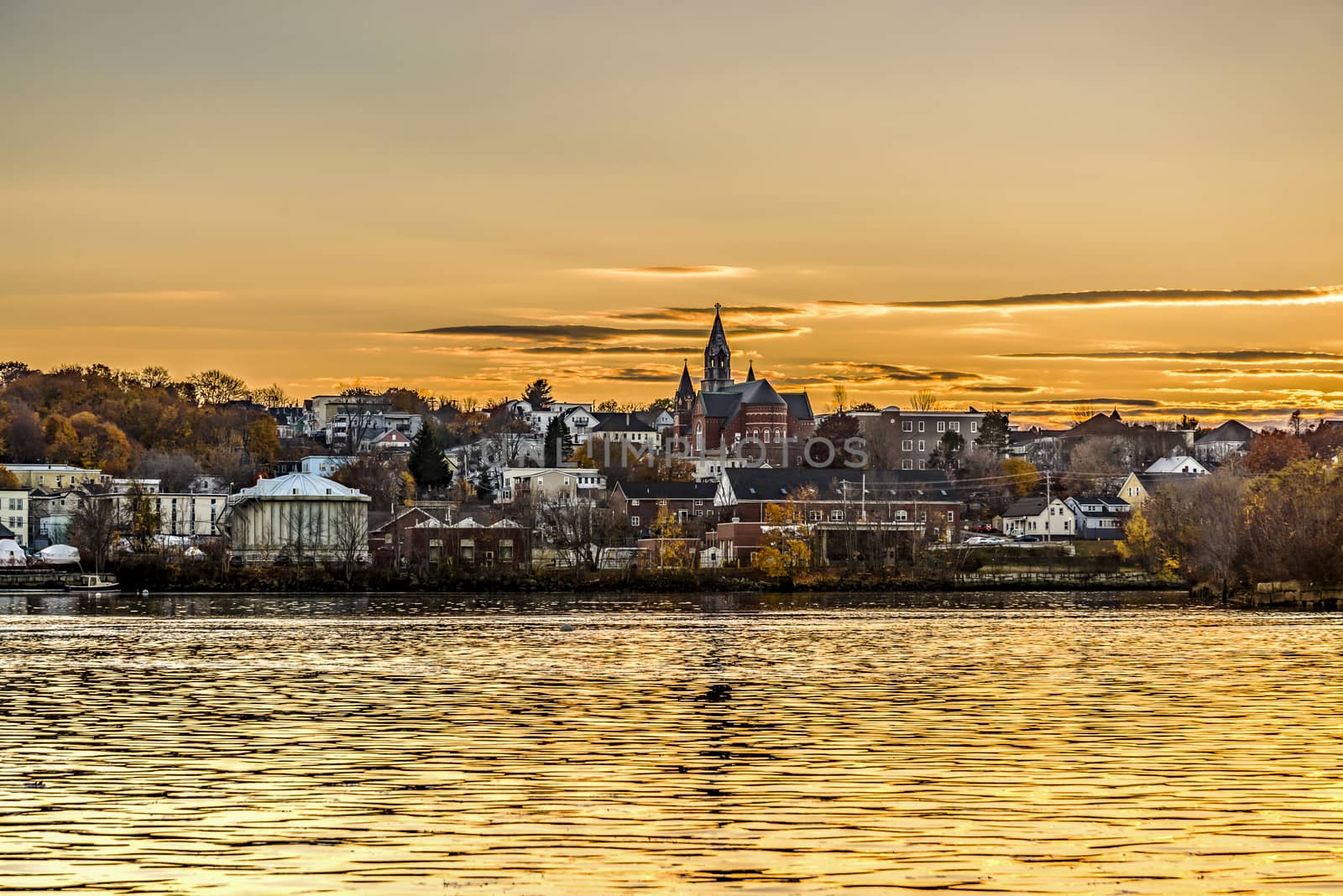 Biddeford skyline on the Saco River in Maine, USA