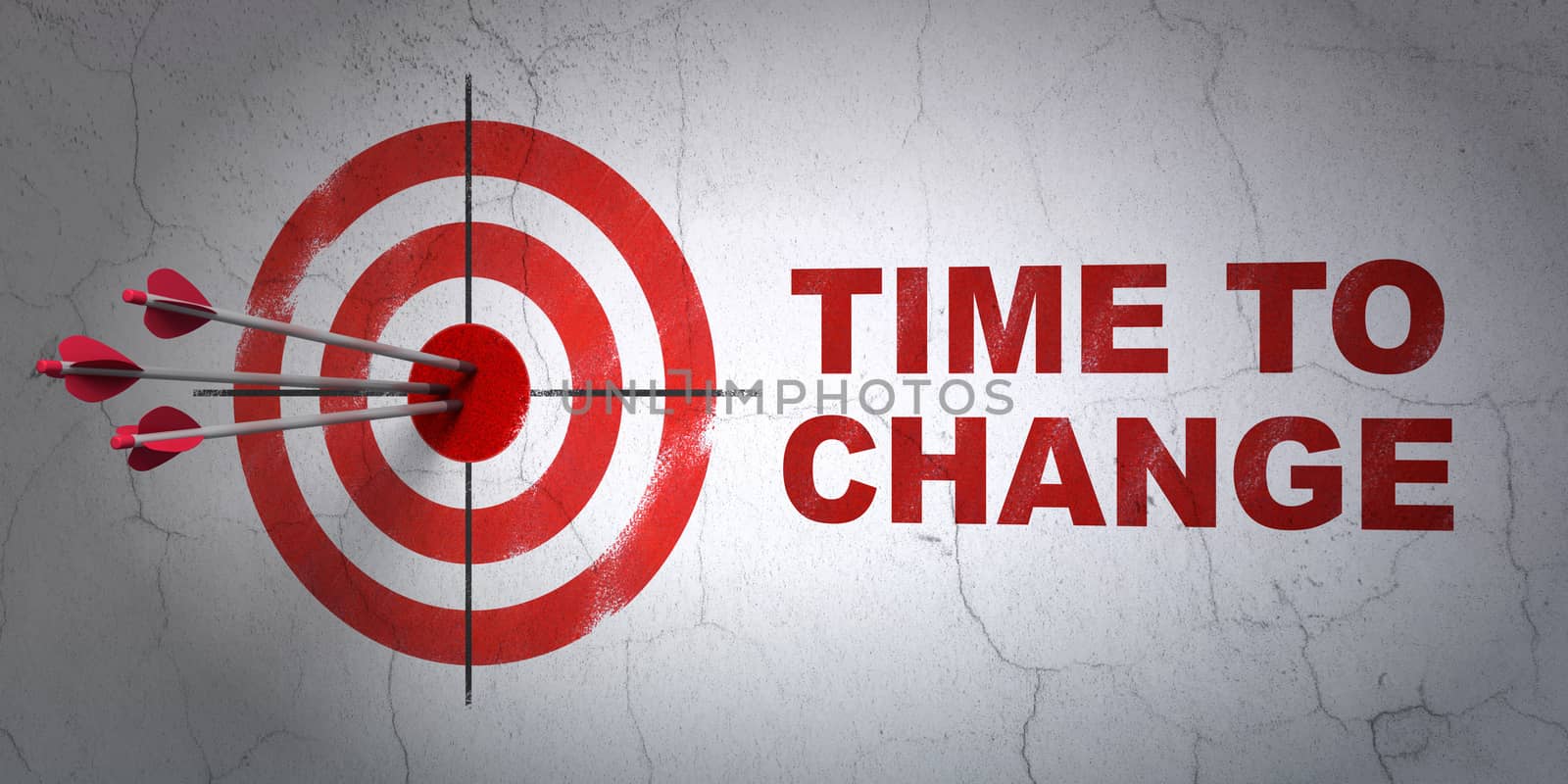 Success time concept: arrows hitting the center of target, Red Time to Change on wall background, 3D rendering