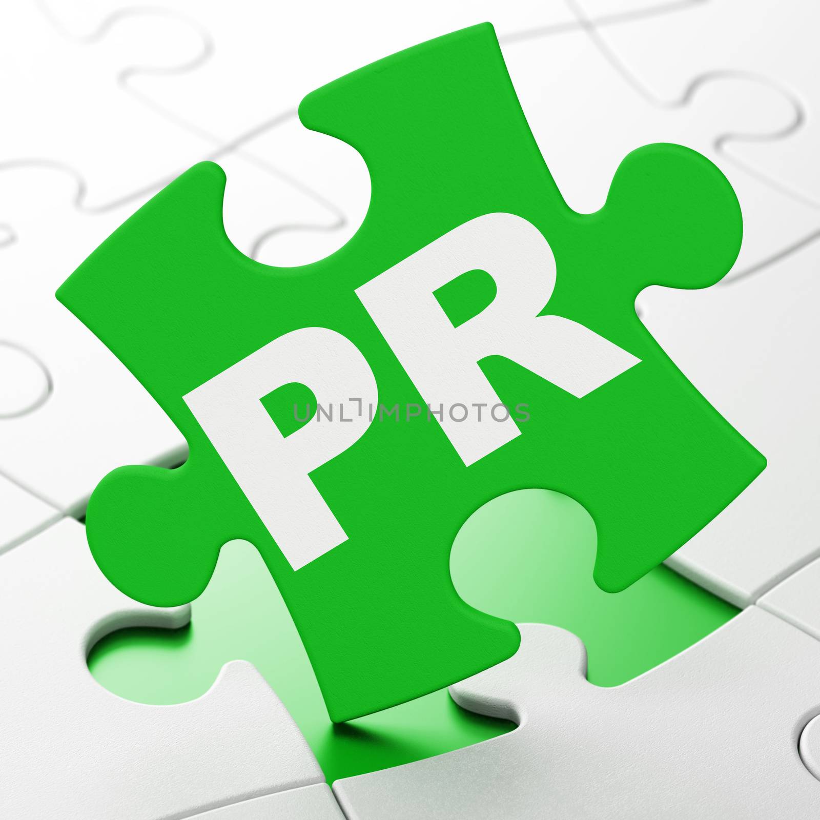 Marketing concept: PR on Green puzzle pieces background, 3D rendering