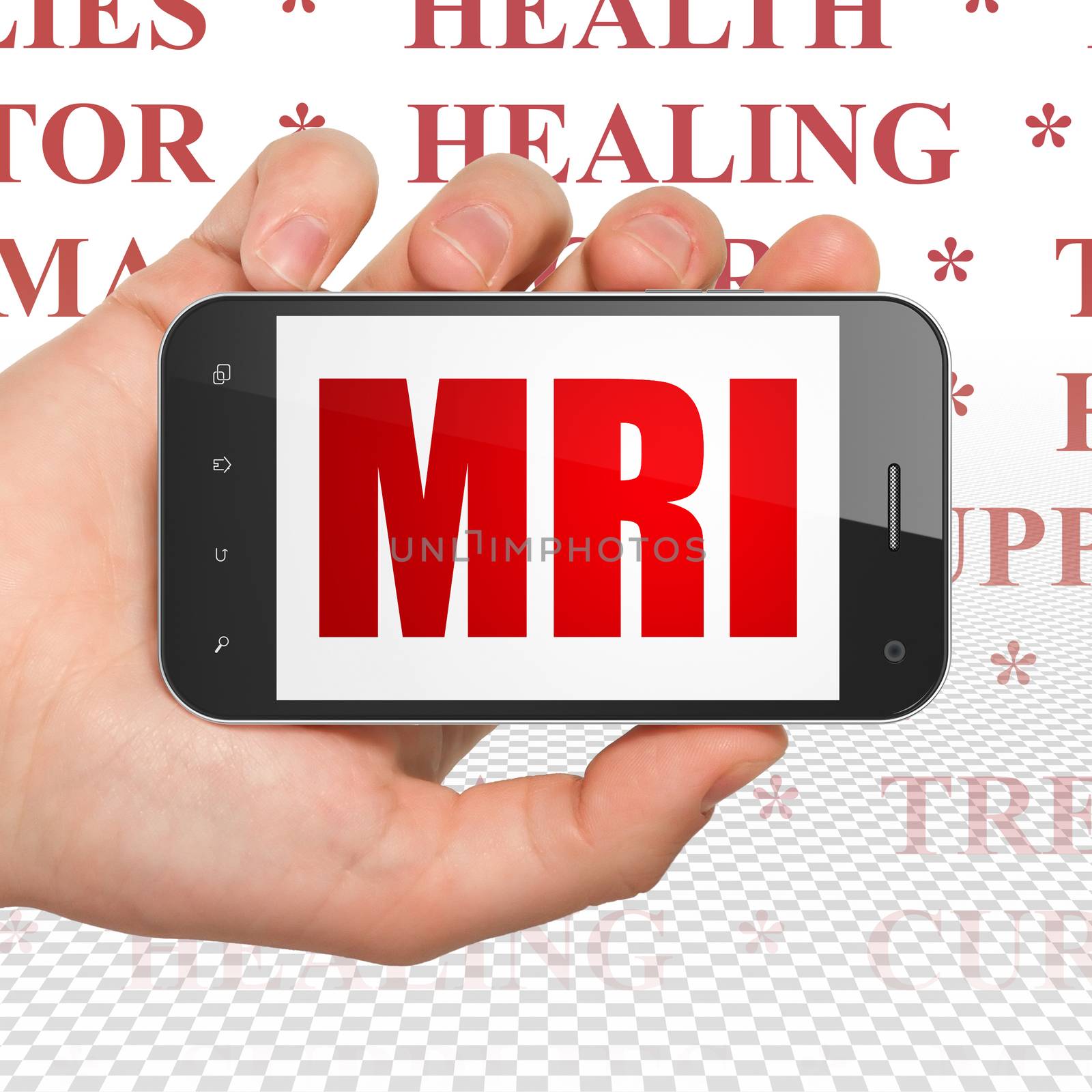 Health concept: Hand Holding Smartphone with  red text MRI on display,  Tag Cloud background, 3D rendering