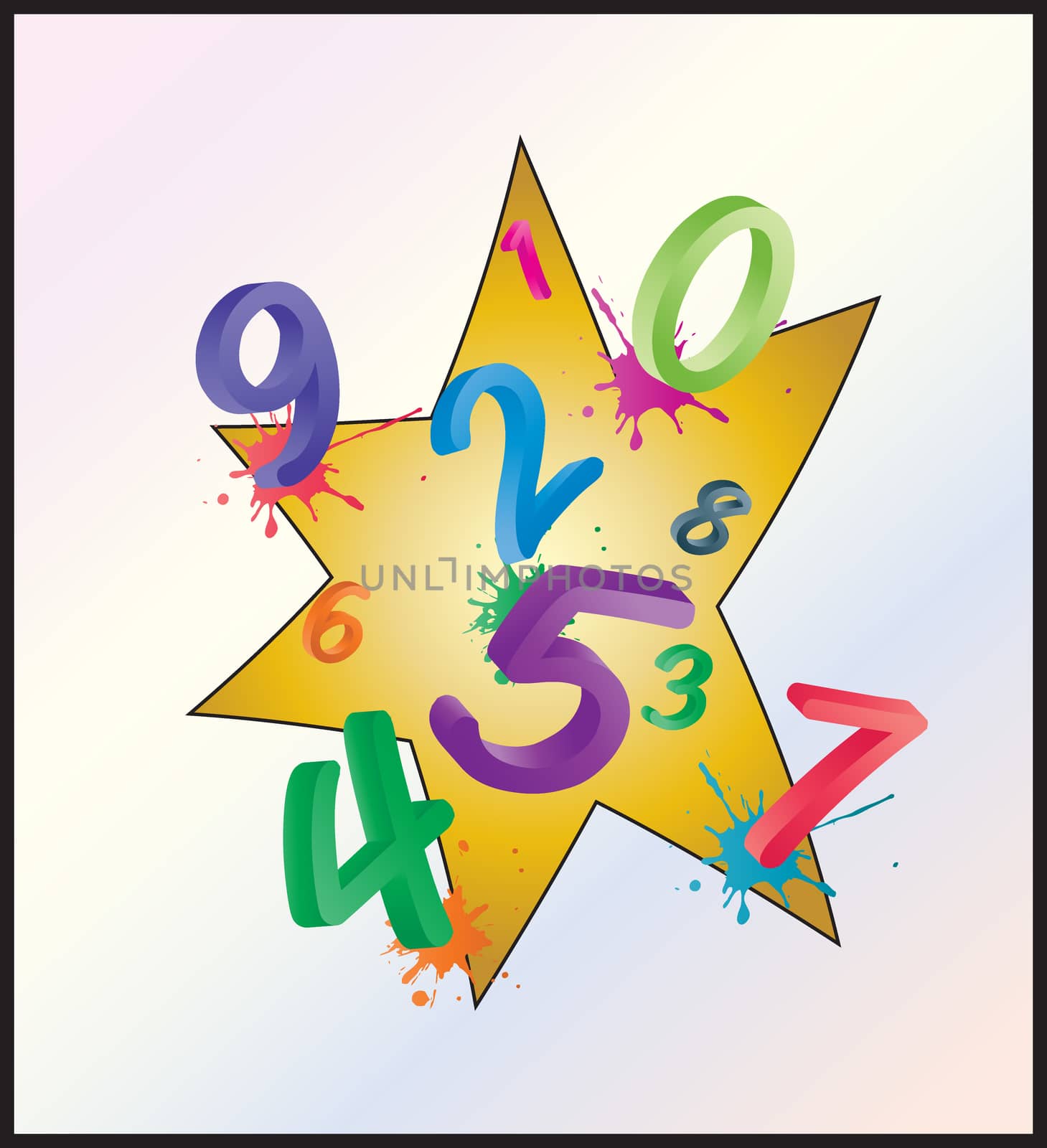 Image of colorful math background with cartoon numbers, digits. Funny and cheerfull illustration for children isolated on white background.