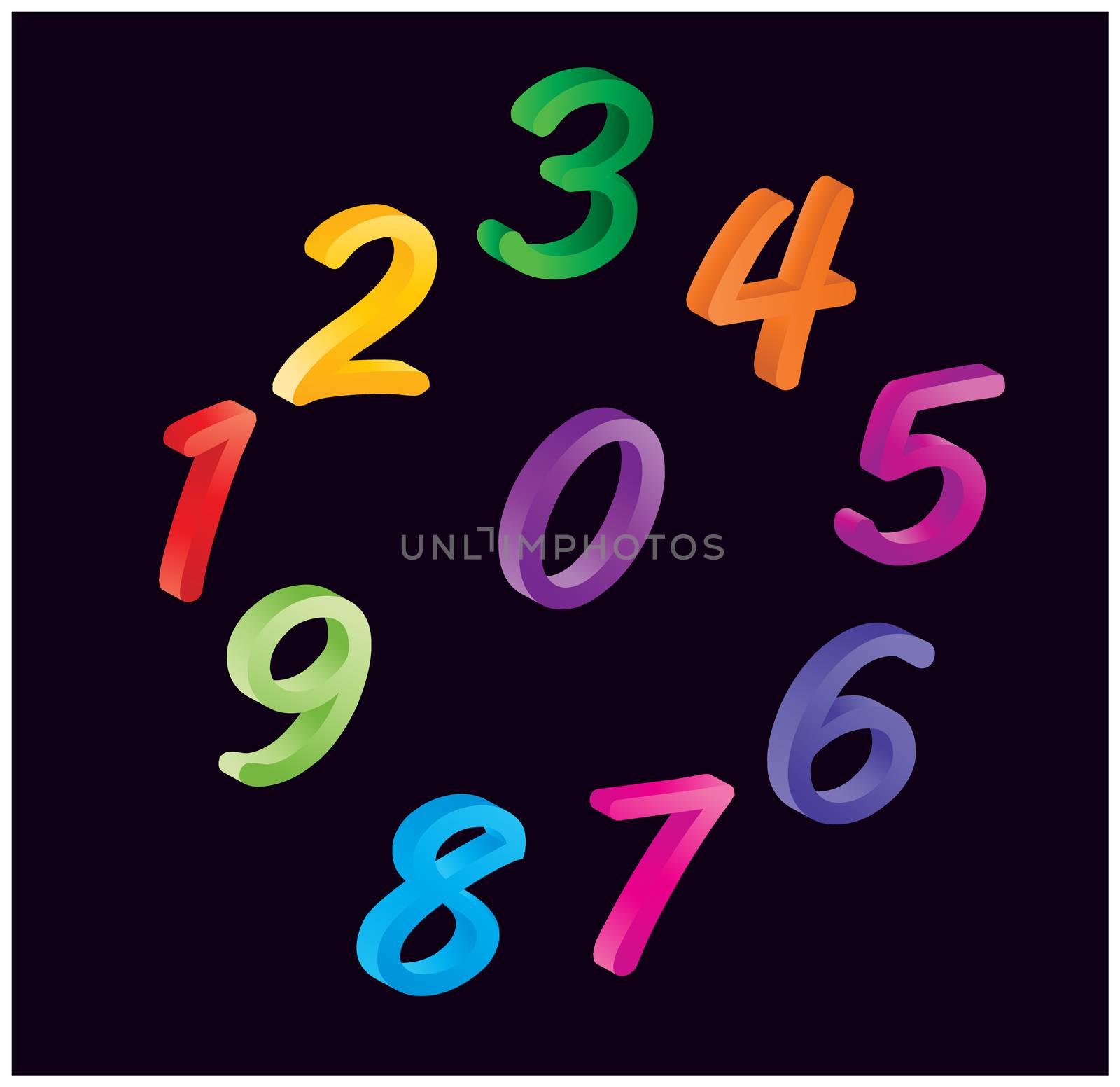 Set of colorful cartoon numbers, digits. Funny and cheerfull illustration for children isolated on black background.