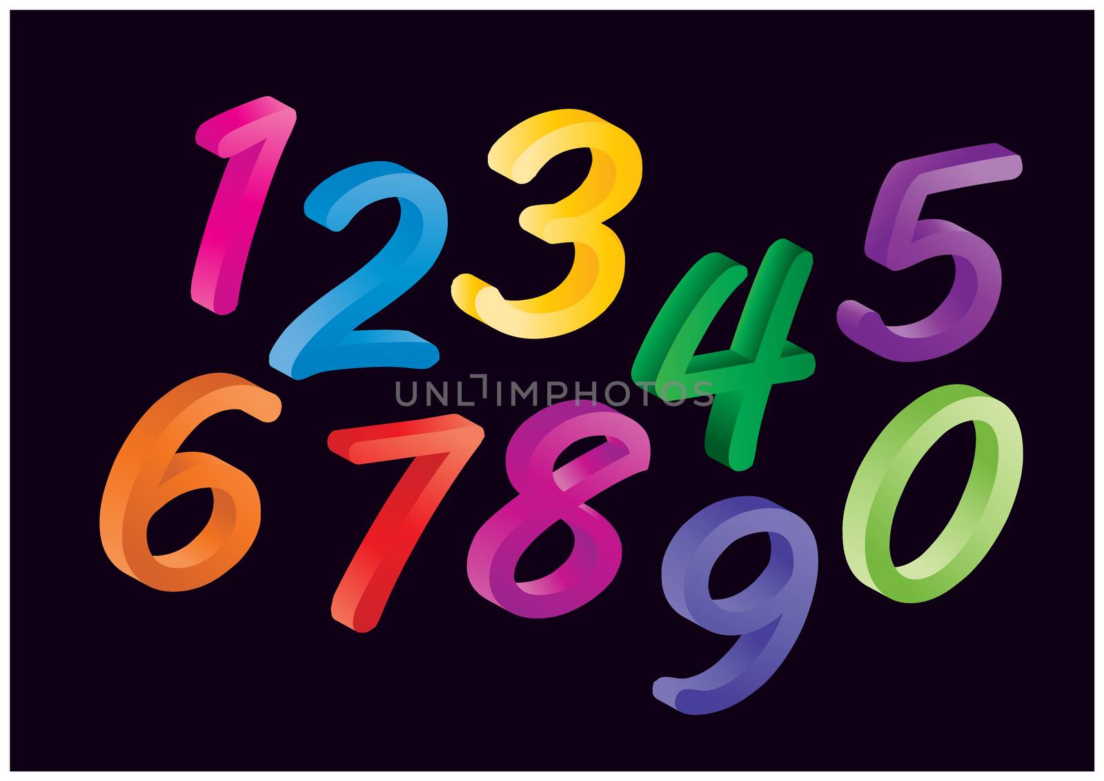 Set of colorful cartoon numbers, digits. Funny and cheerfull illustration for children isolated on black background.