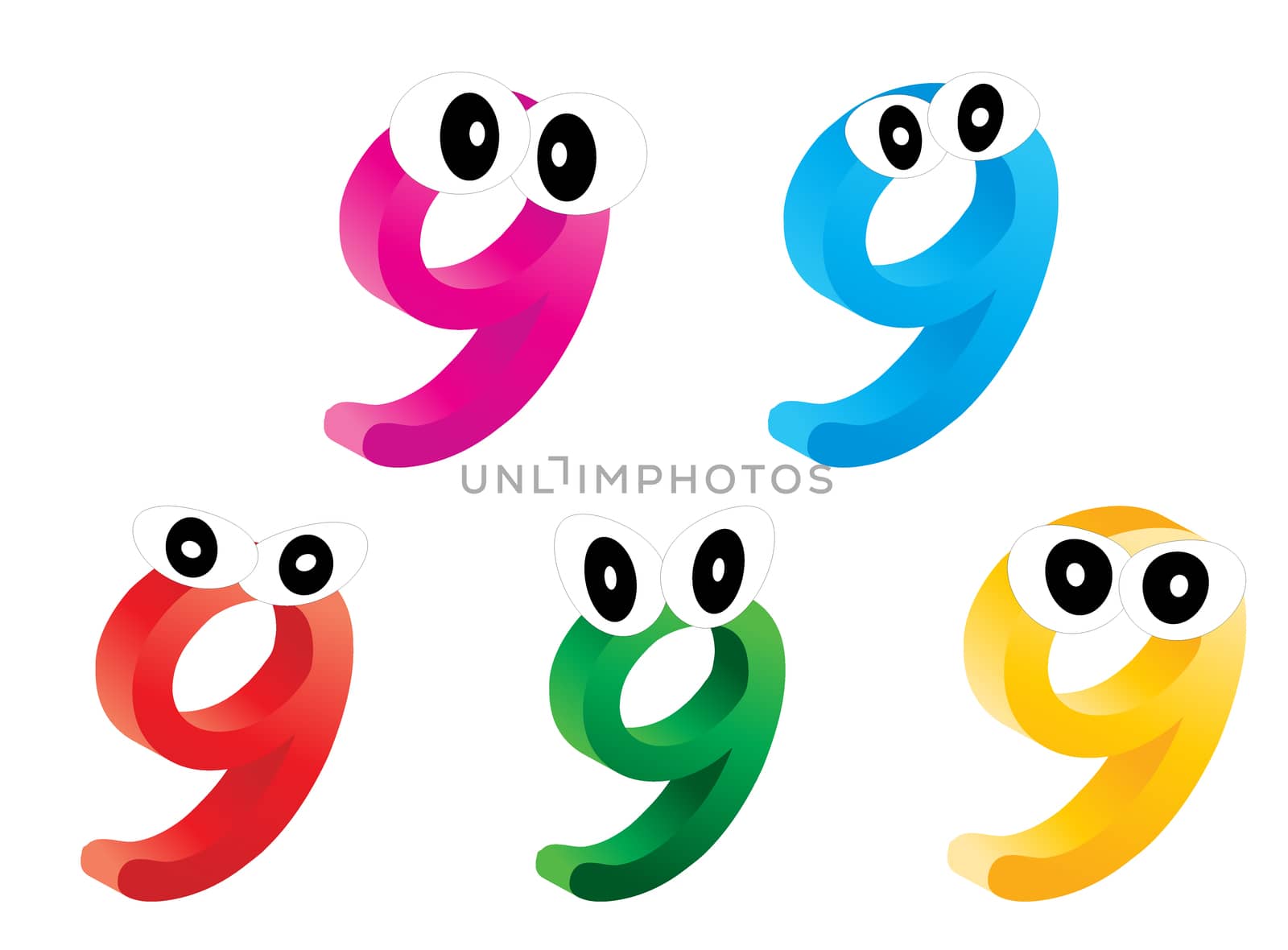 Image of cartoon number, digit nine with eyes. Funny, cheerful and colorful illustration for children isolated on white background.