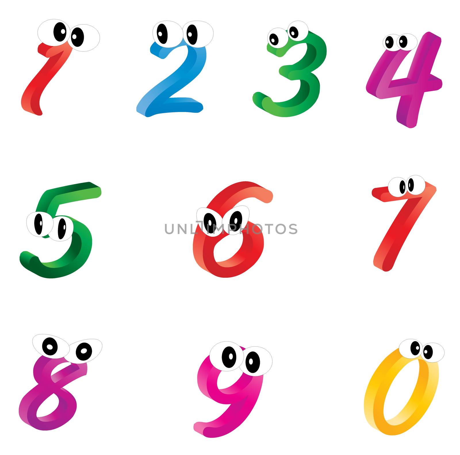 Set of cartoon numbers, digits with eyes. Funny, cheerful and colorful illustration for children isolated on white background.