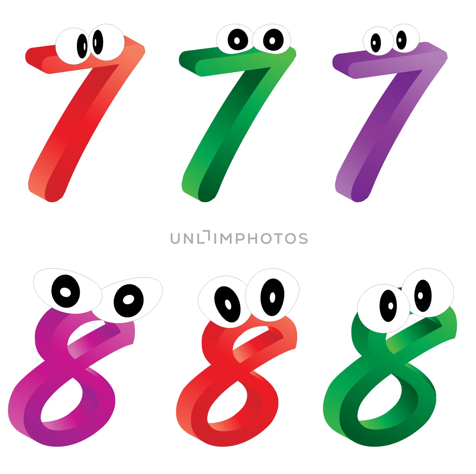 Image of cartoon number, digit seven, eight with eyes. Funny, cheerful and colorful illustration for children isolated on white background.