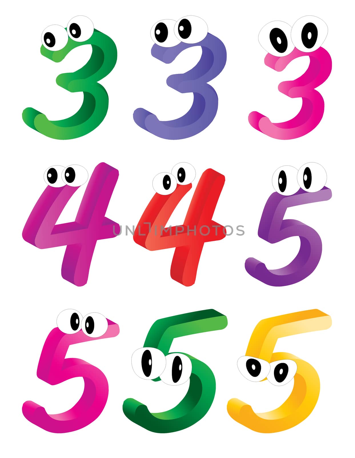 Image of cartoon number, digit three, four, five with eyes. Funny, cheerful and colorful illustration for children isolated on white background.