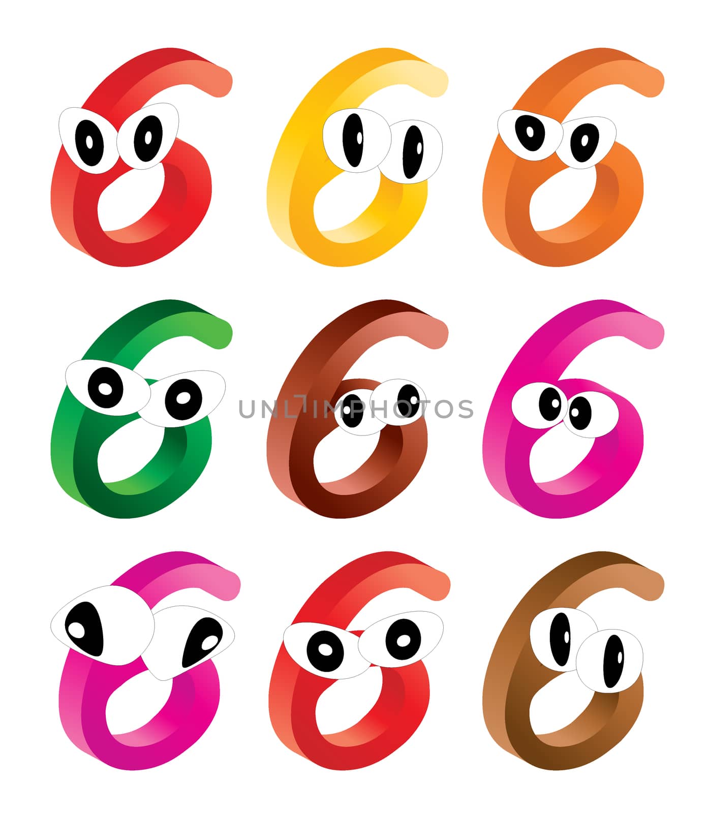 Image of cartoon number, digit six with eyes. Funny, cheerful and colorful illustration for children isolated on white background.