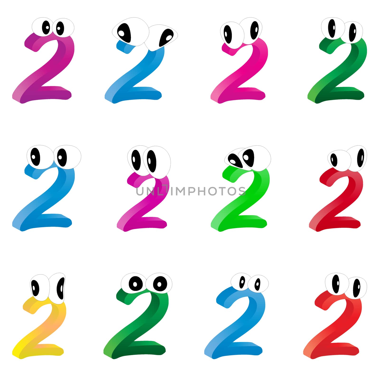 Image of cartoon number, digit two with eyes. Funny, cheerful and colorful illustration for children isolated on white background.