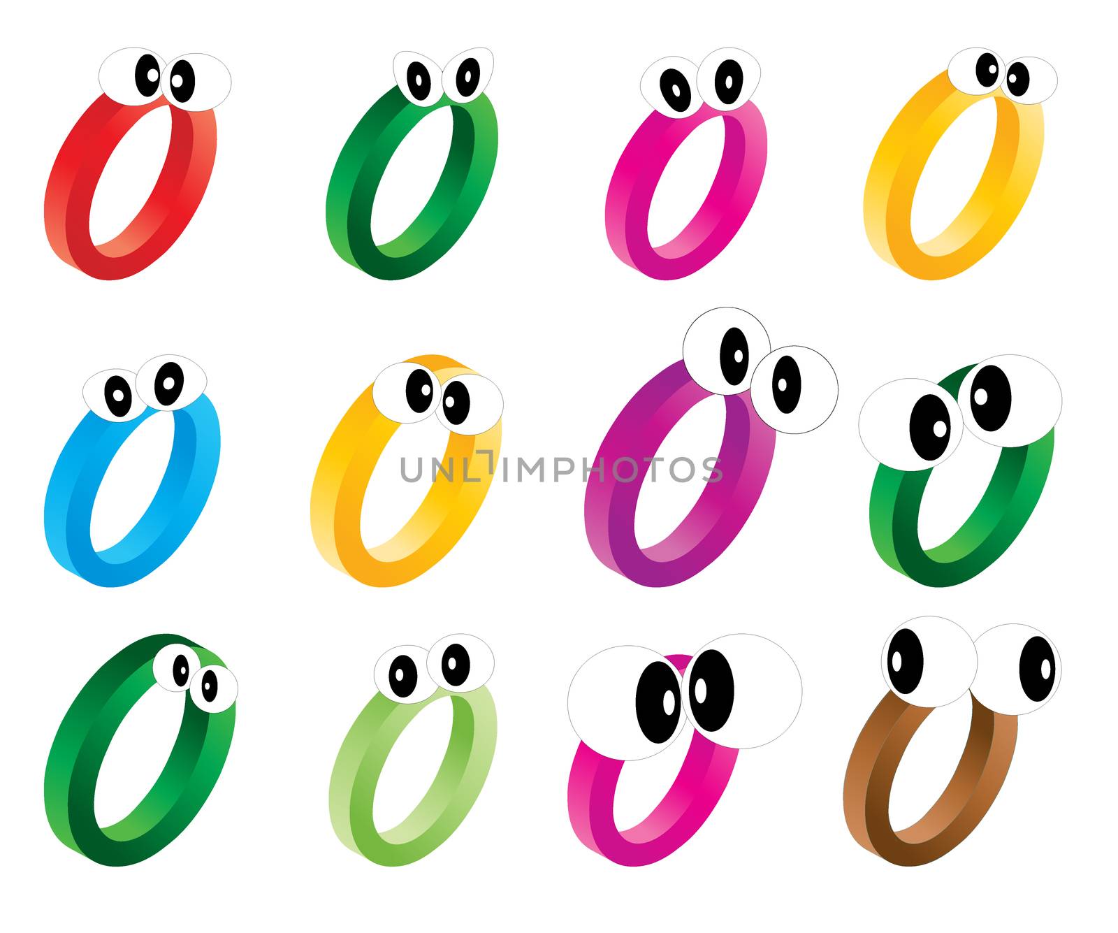 Image of cartoon number, digit zero with eyes. Funny, cheerful and colorful illustration for children isolated on white background.