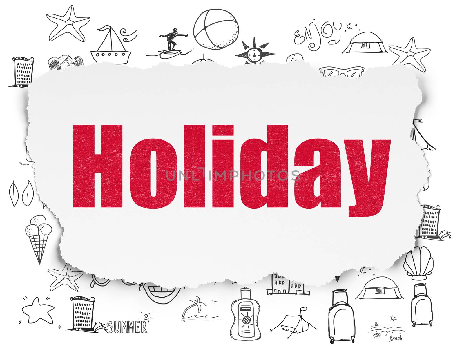 Vacation concept: Painted red text Holiday on Torn Paper background with  Hand Drawn Vacation Icons