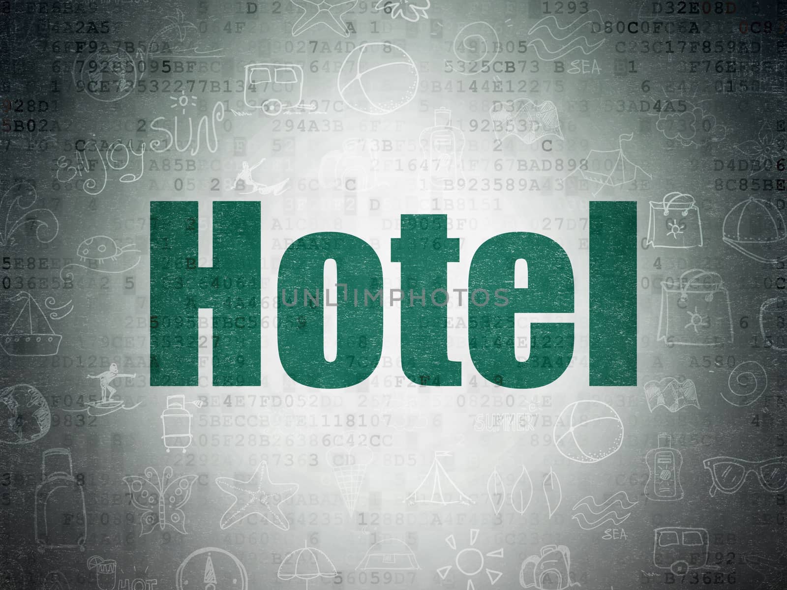 Vacation concept: Painted green text Hotel on Digital Data Paper background with   Hand Drawn Vacation Icons