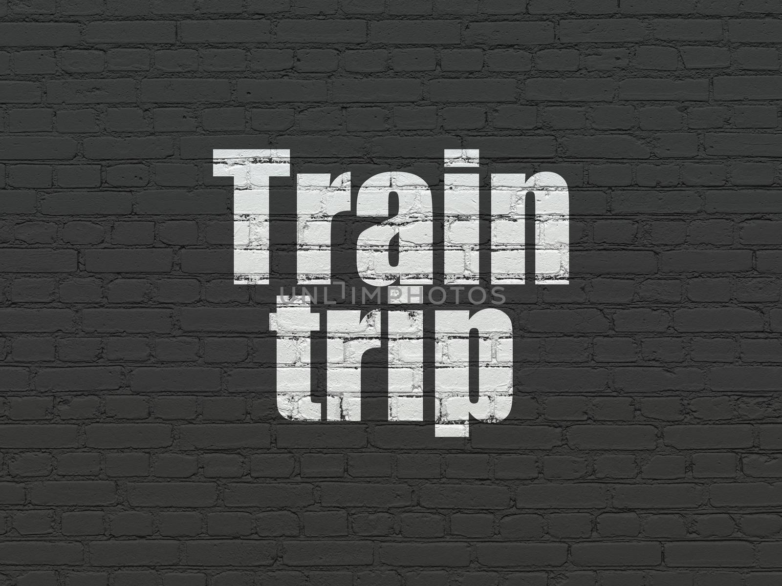 Travel concept: Painted white text Train Trip on Black Brick wall background