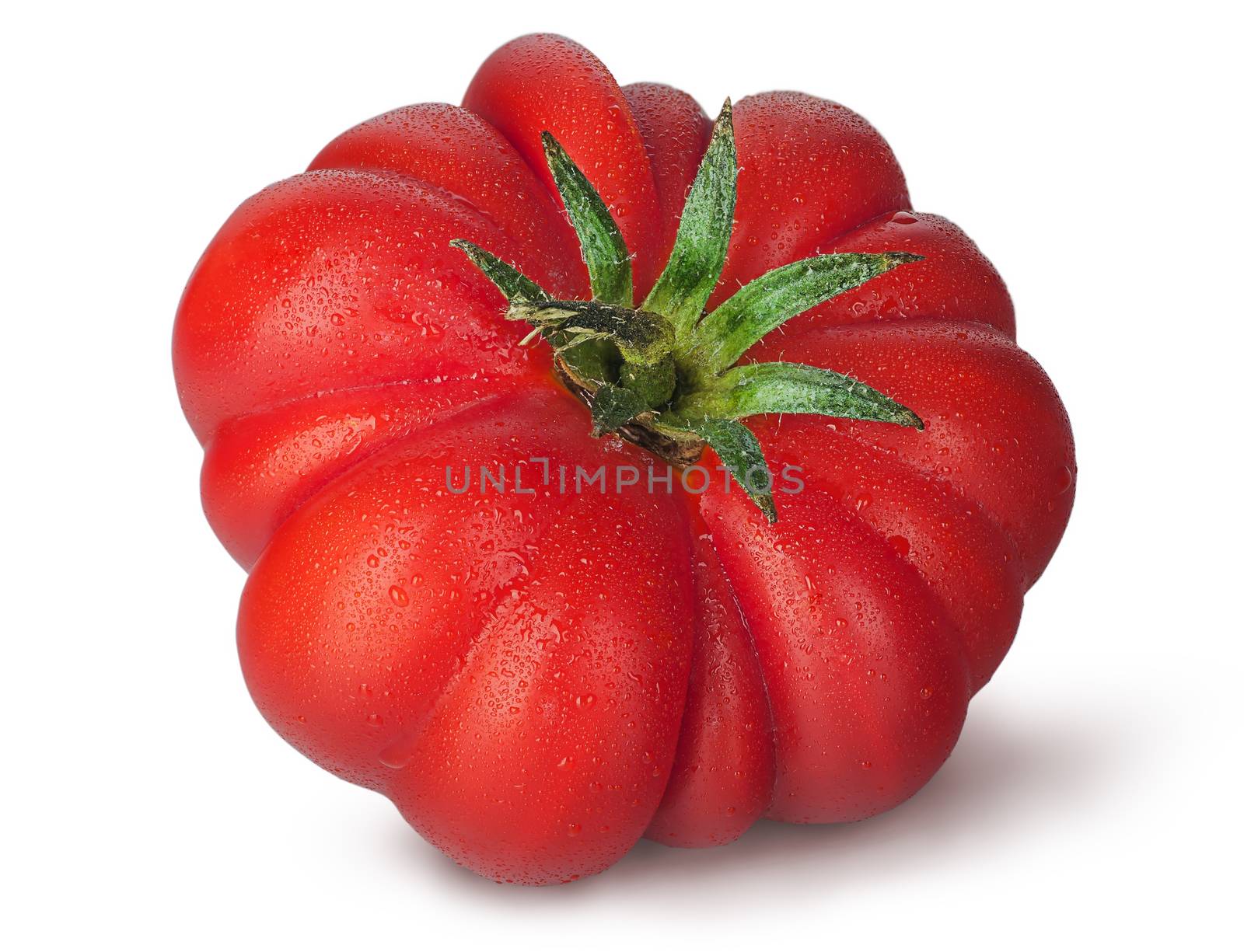 Tomato with droplets of dew isolated on white background