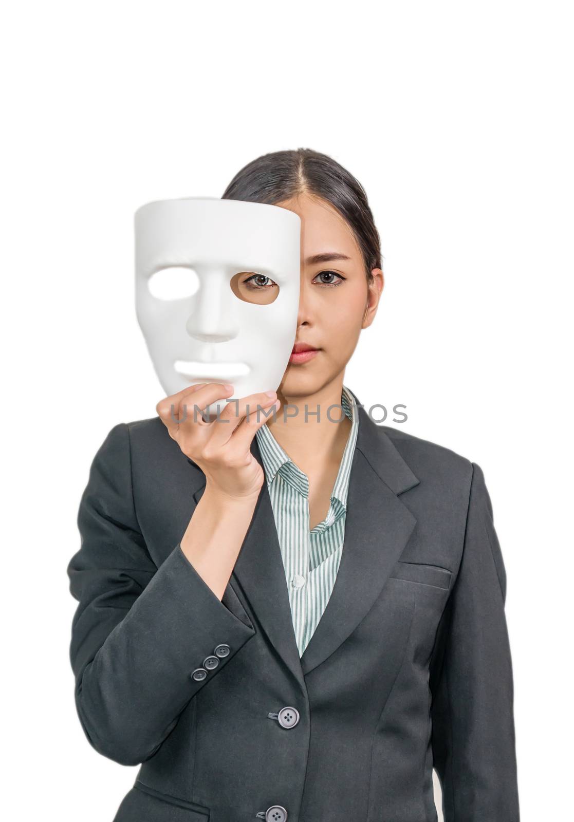 asian woman with white mask and a business suit on white background