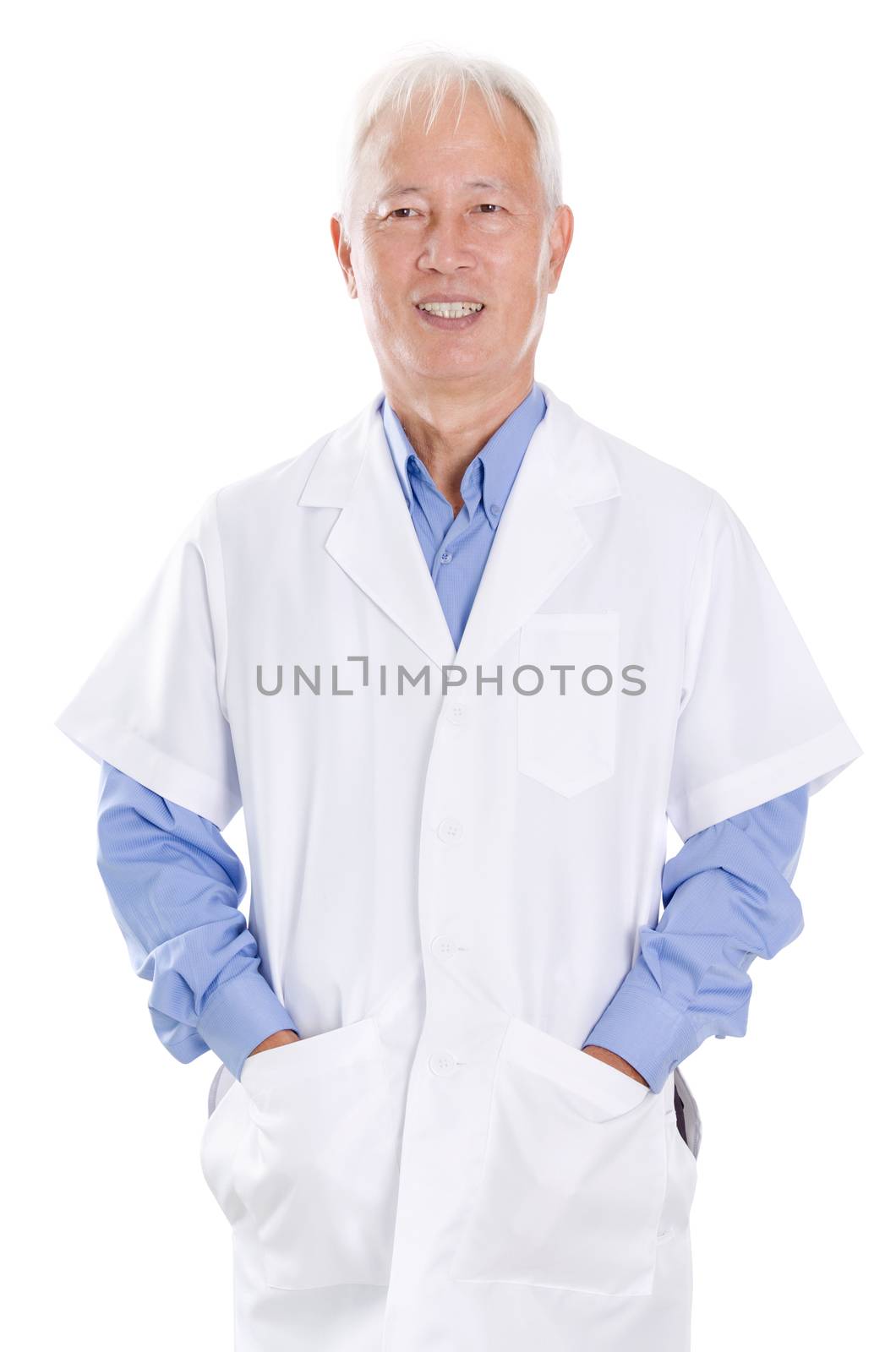 Portrait of old Asian man in lab uniform smiling, standing isolated on white background.