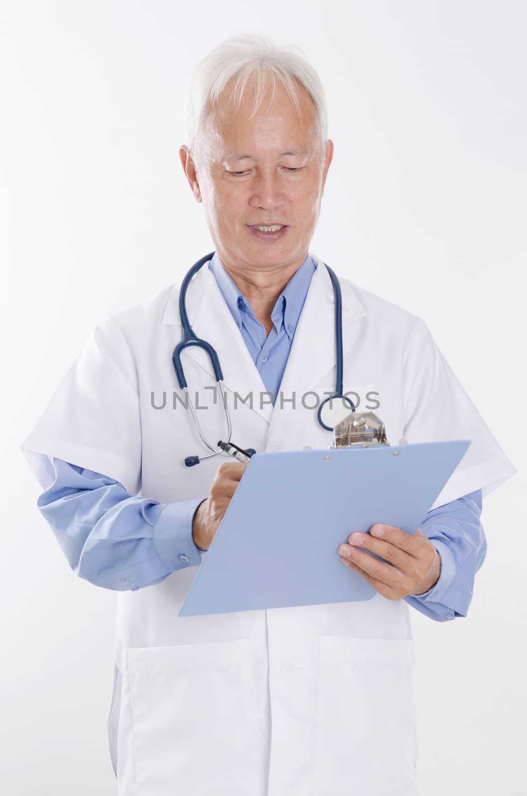 Portrait of medical doctor writing health report, standing isolated on white background.