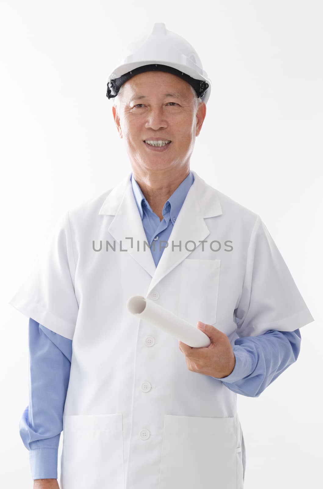 Portrait of Asian contractor with hard hat and blueprint smiling, standing isolated on white background.