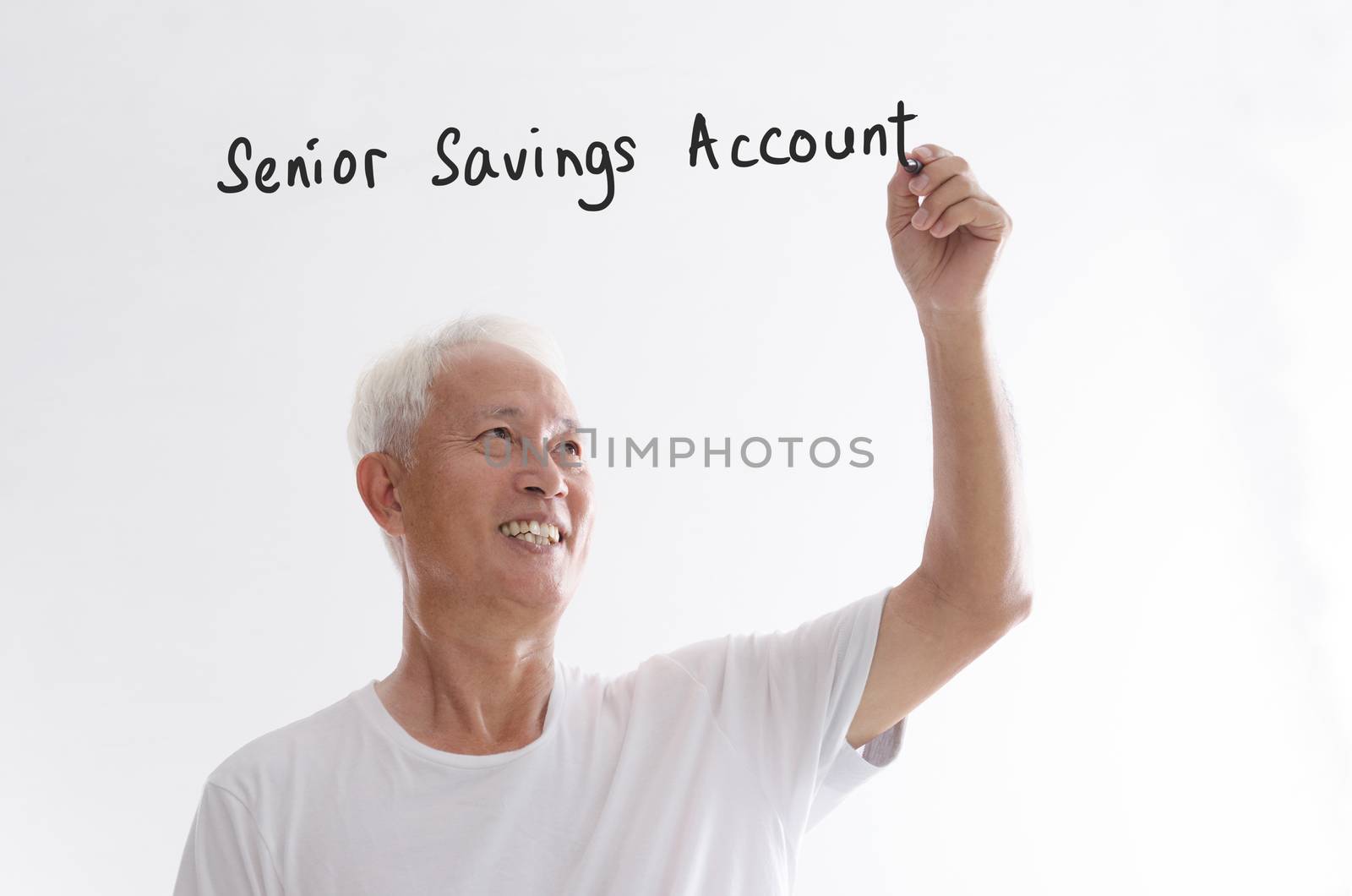 Portrait of old Asian man hand writing, senior savings account banking concept, isolated on white background.