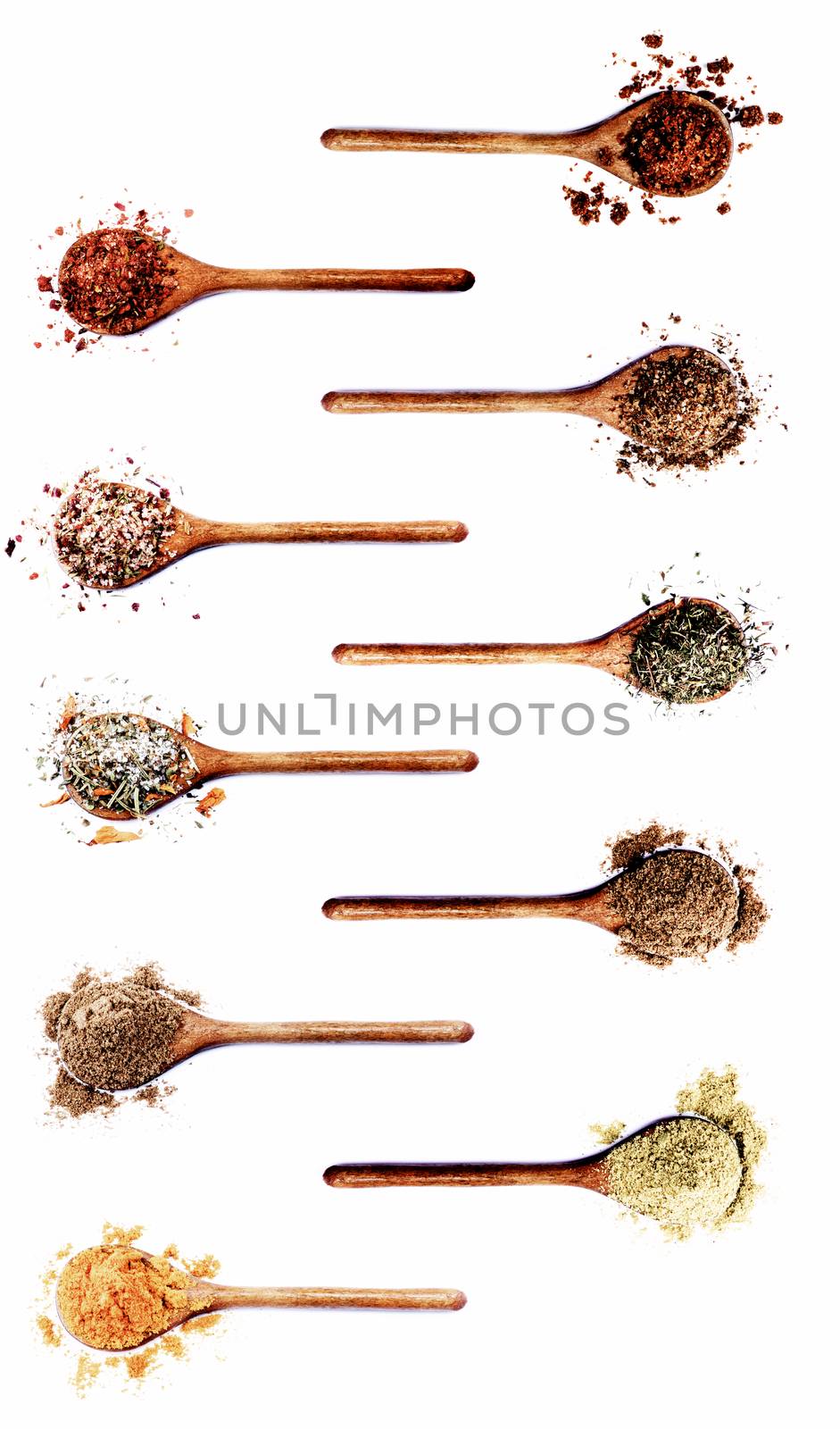 Collection of Various Spices in Wooden Spoons: Dried Paprika, Dried Chili, Salt with Chili, Salt with Cayenne Pepper, Coriander, Salt with Petals, Cumin Powder, Thyme, Zira and Curry Powder on White background