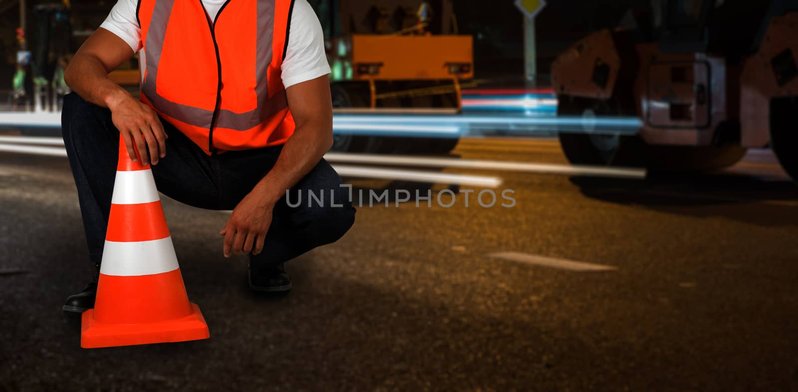 repairing the road in the night city