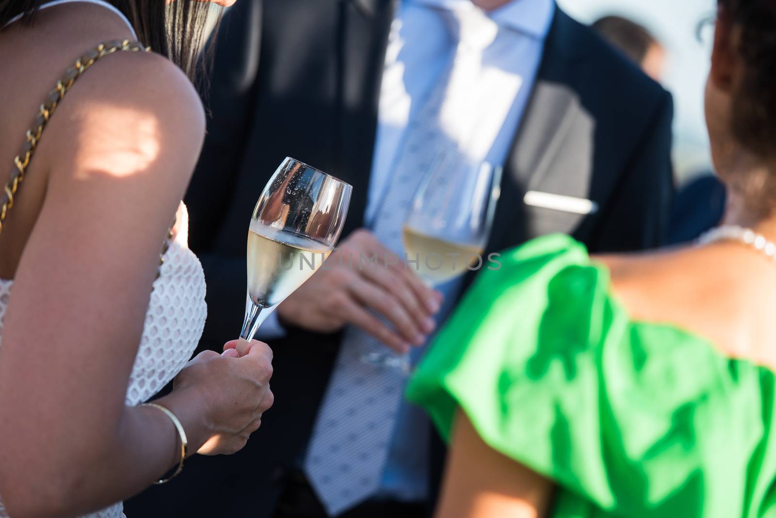 Happy friends with glasses of champagne, luxury diner