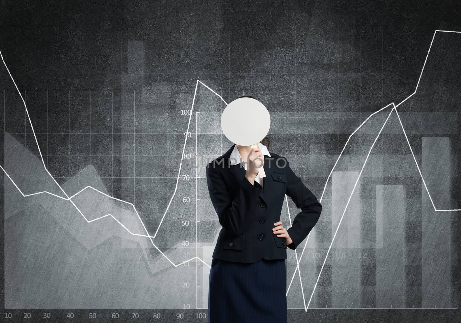 Businesswoman and graphs at background hiding her face behind mask