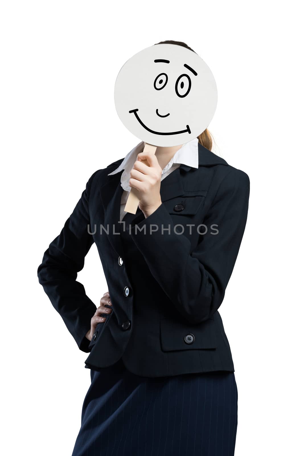 Businesswoman hiding her face behind mask isolated on white