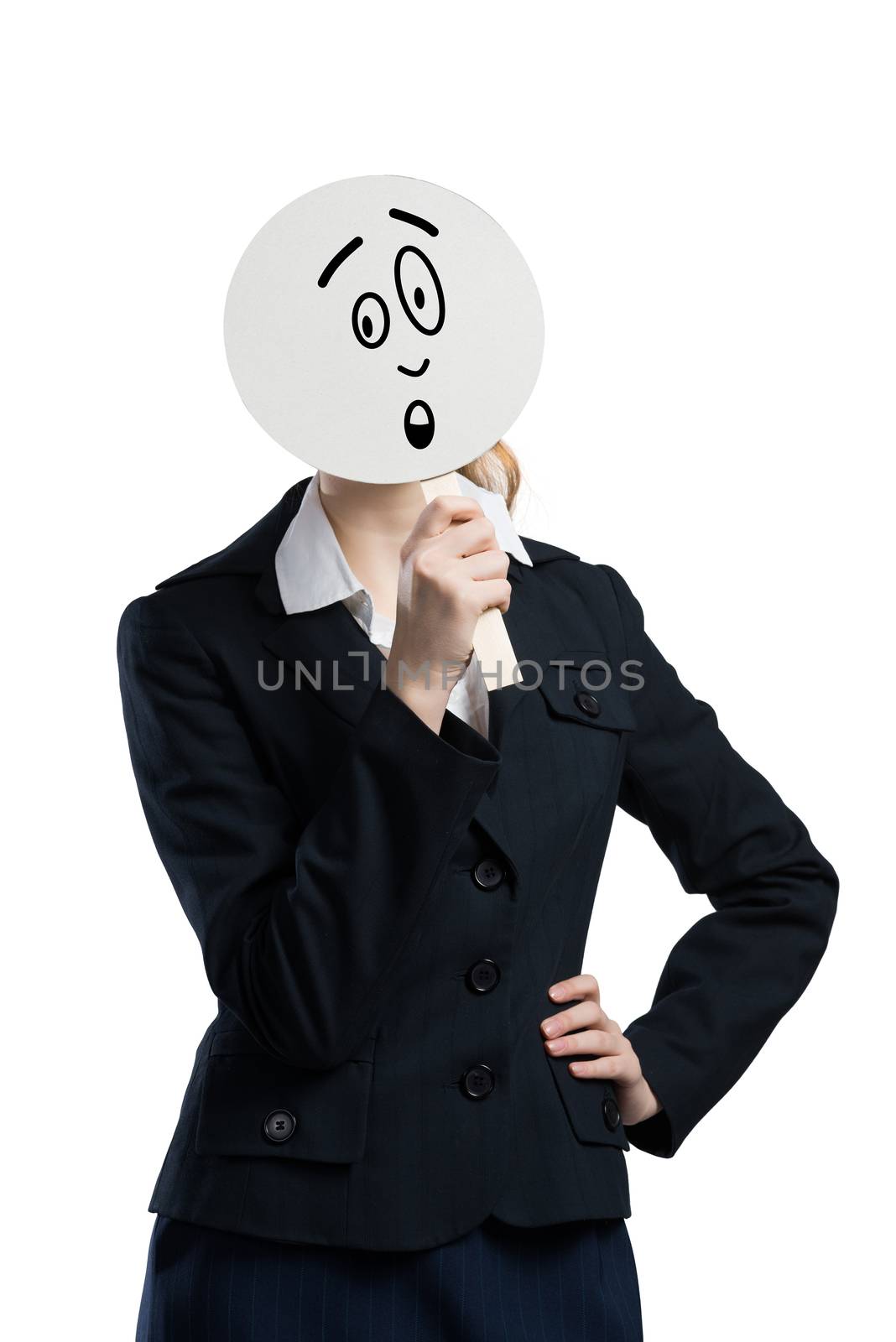 Businesswoman hiding her face behind round banner with sad smiley