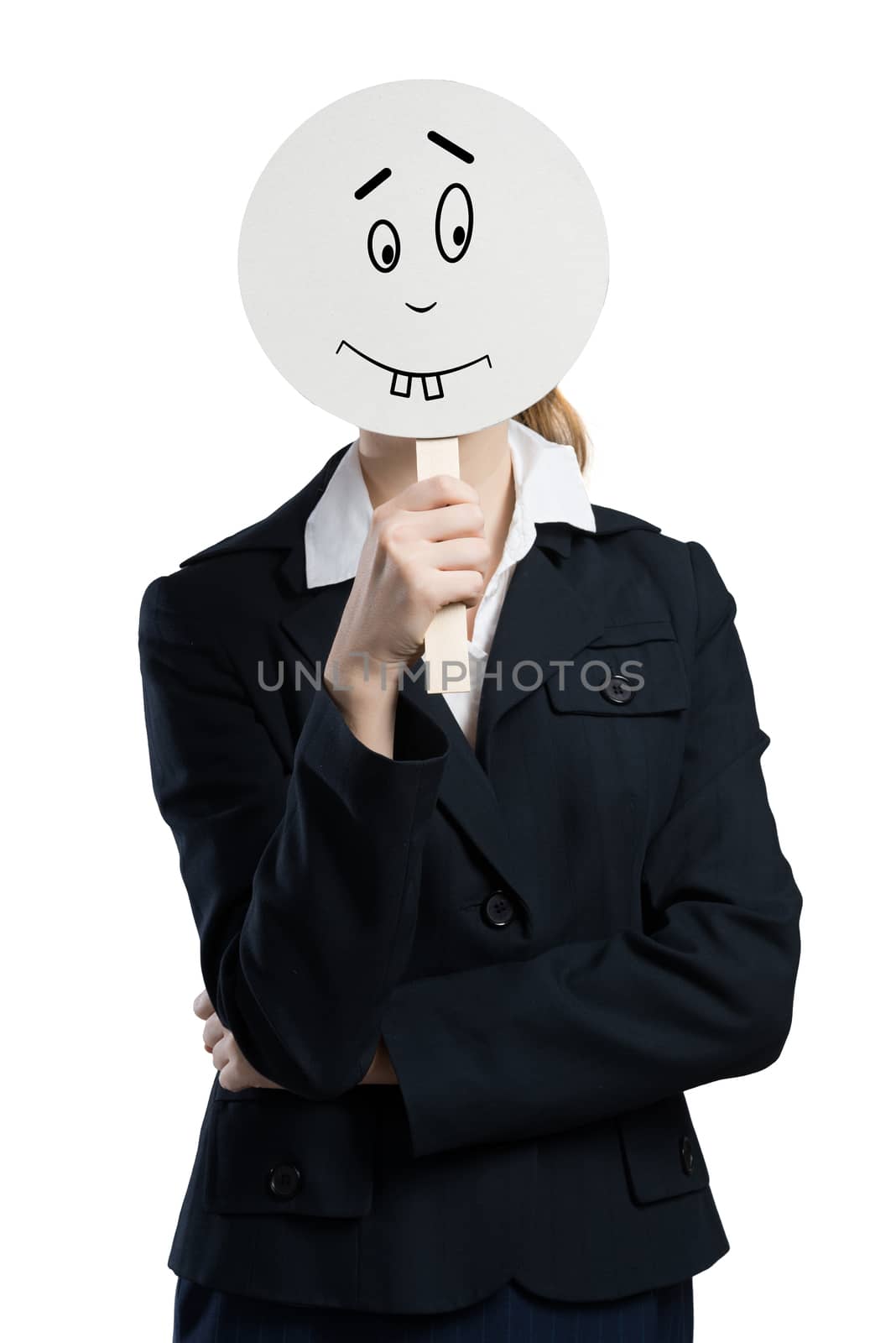 Businesswoman hiding her face behind mask isolated on white